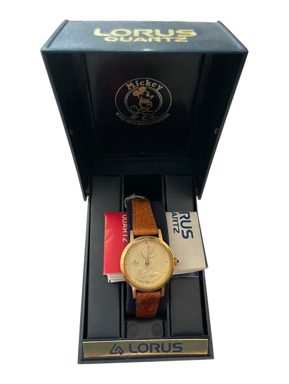 Vintage Lorus Quartz Mickey Mouse Gold Tone Watch Tan Leather Band NIB Women's